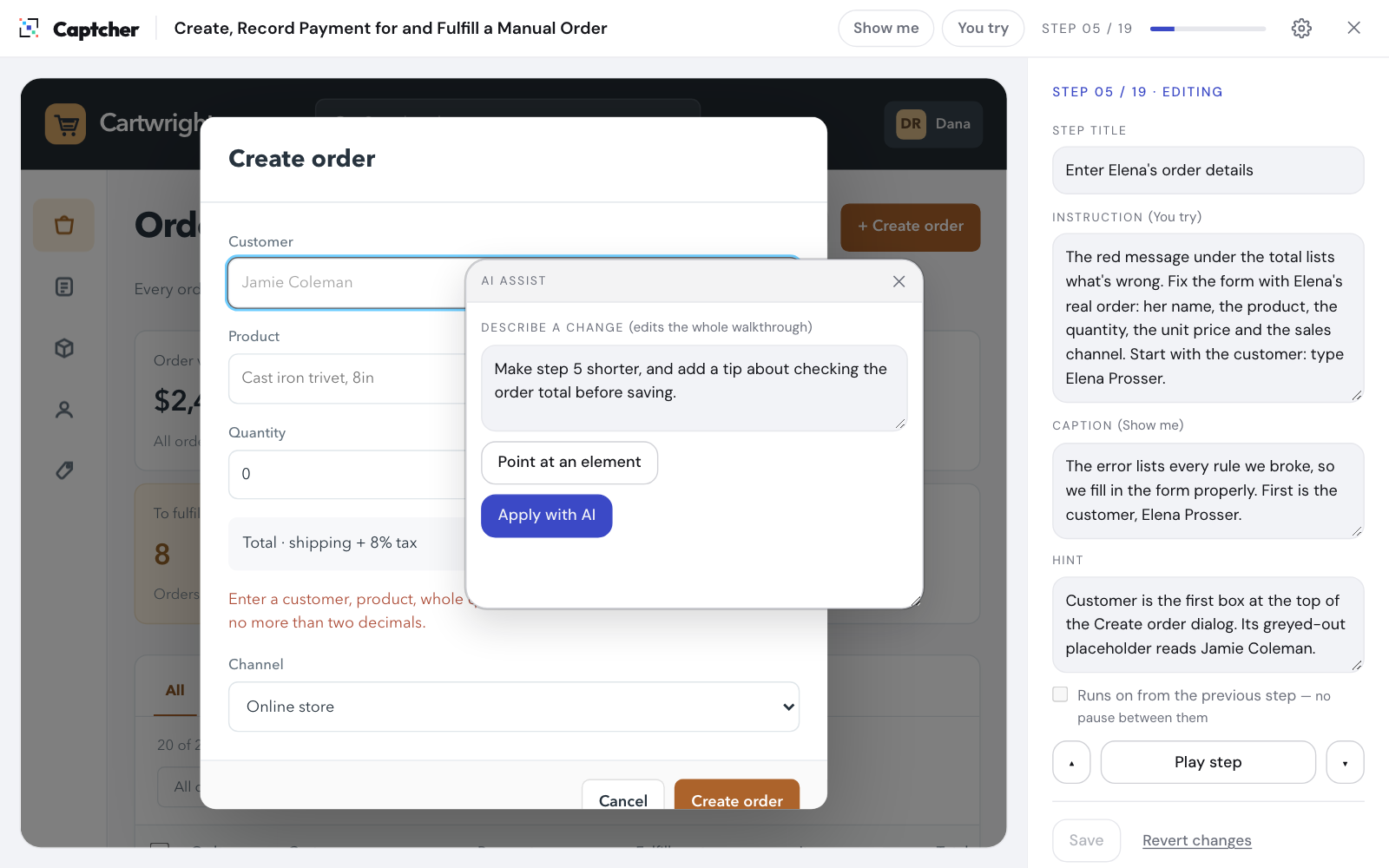 The AI assist panel in the editor with the request: make step 5 shorter and add a tip about checking the order total
