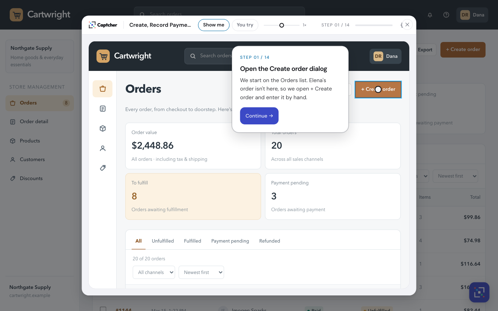 The Captcher Help widget open as a modal over an order-management app, playing the create-an-order walkthrough