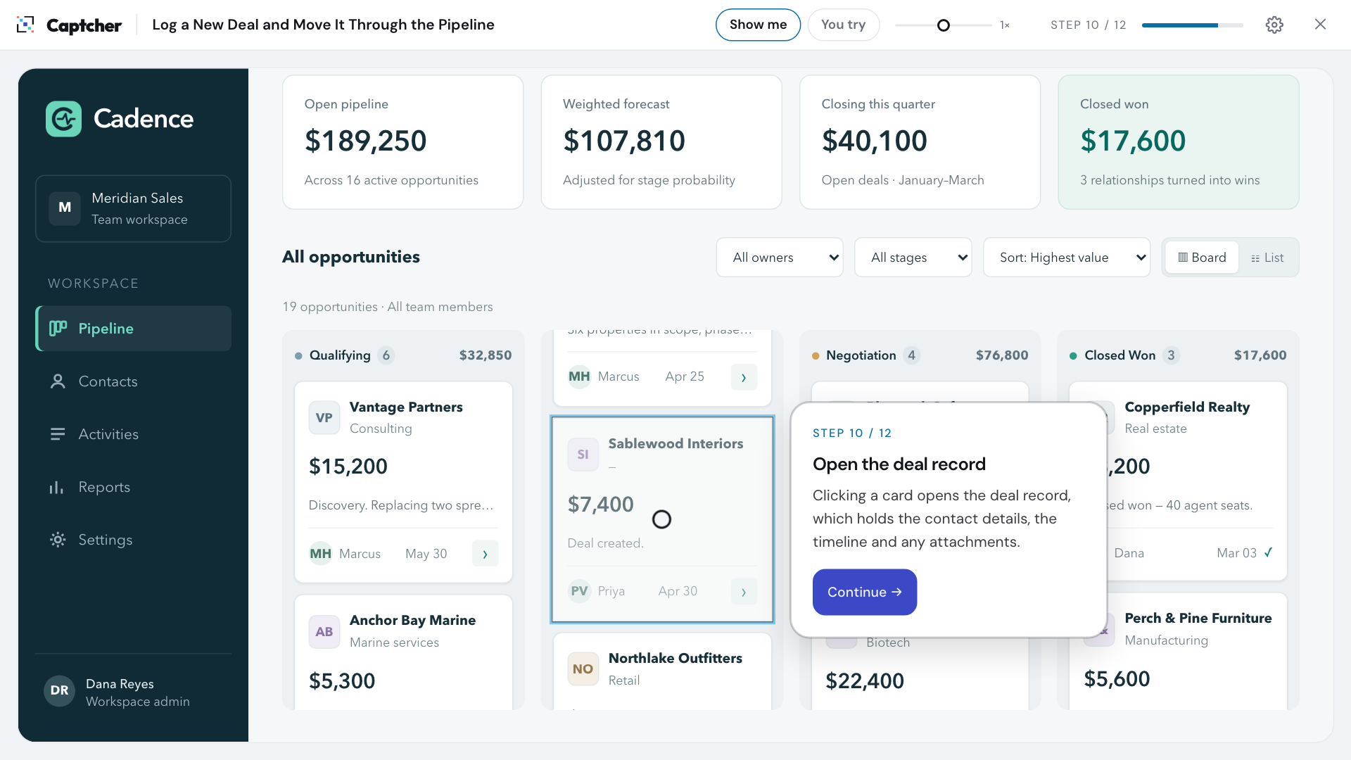 Captcher player in Show me mode at step 10 of 12 of a CRM walkthrough: the Sablewood Interiors deal card is highlighted and a step card explains opening the deal record