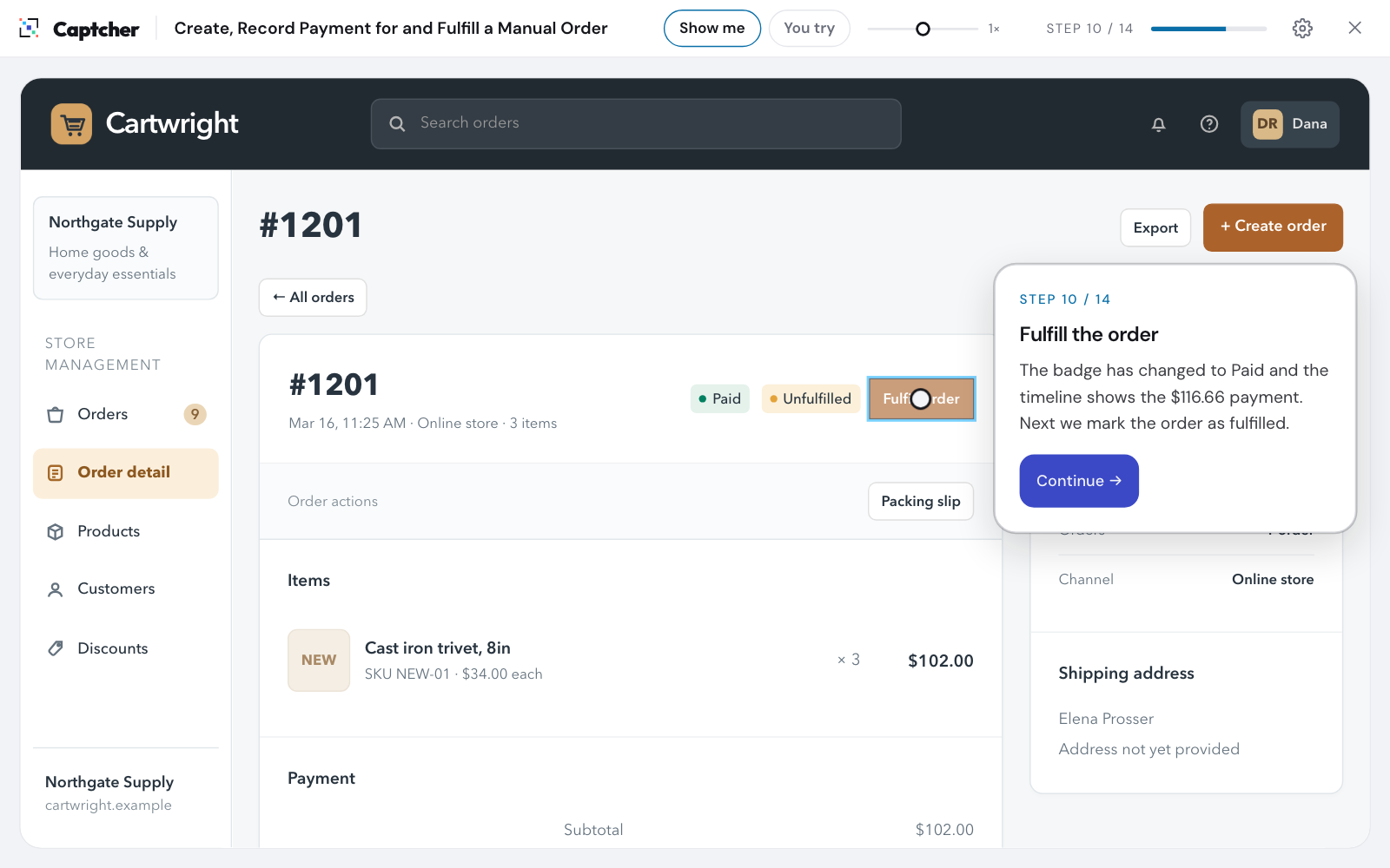 Show me mode demonstrating step 10 of 14, with the Fulfill order button highlighted and a step card explaining it