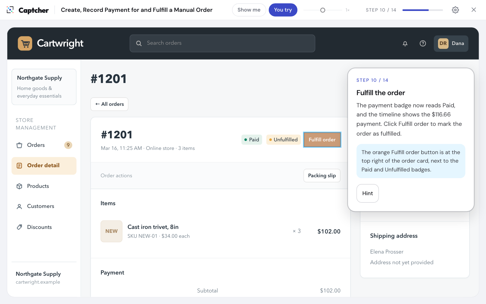 You try mode at step 10 of 14, with the Fulfill order button highlighted and a hint shown in the step card