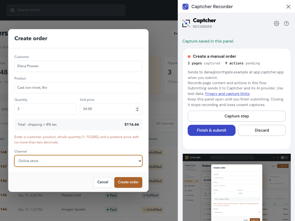 The Captcher recorder side panel in Chrome recording an order-entry task, with 3 pages captured and 9 actions pending beside the app's Create order dialog