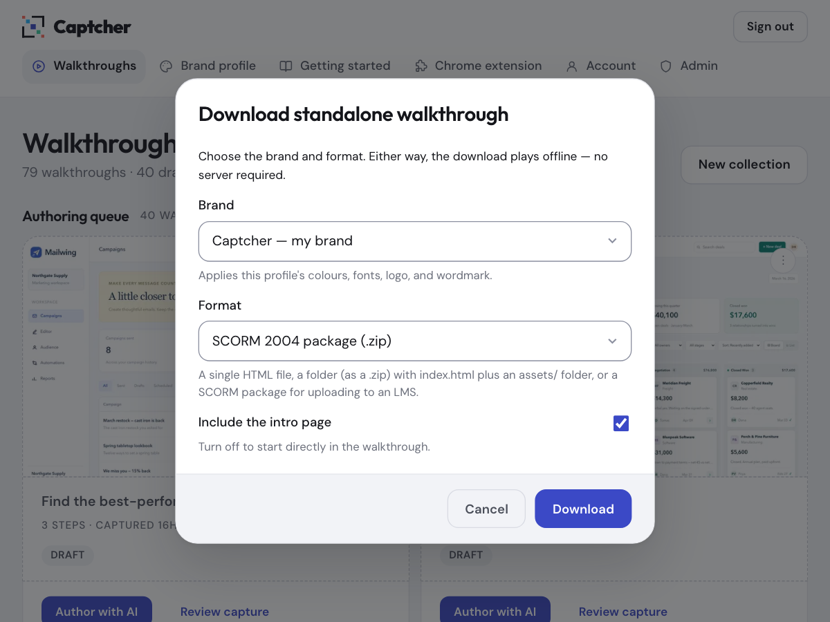 The Download standalone walkthrough dialog with brand and format options, set to a SCORM 2004 package