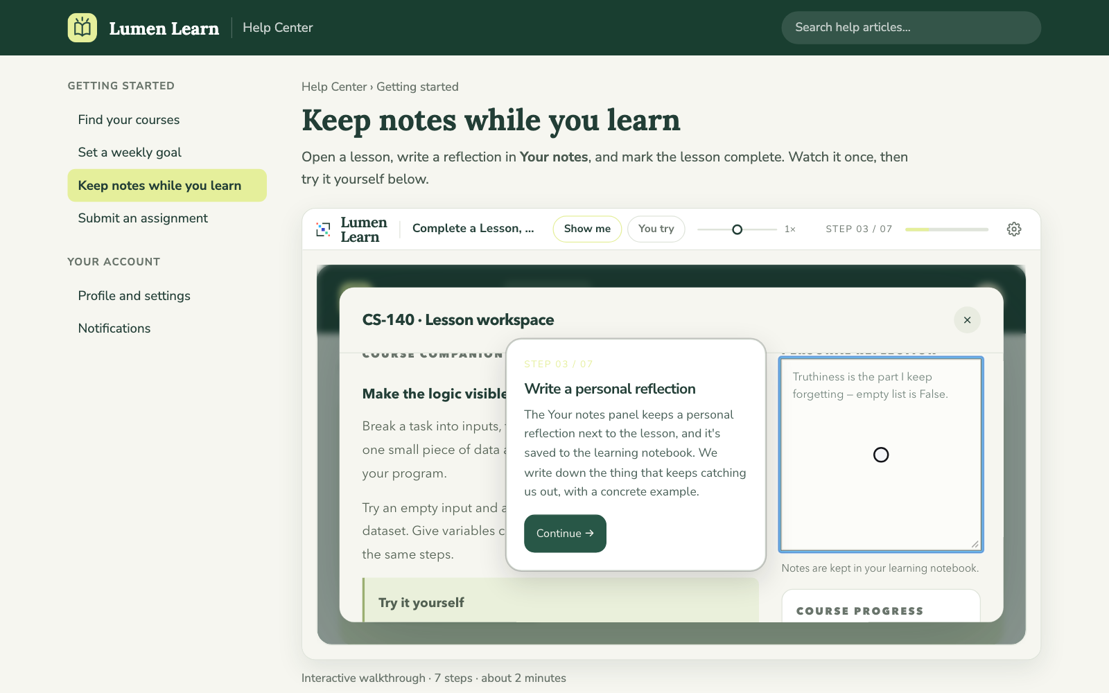 A walkthrough in a customer's own brand colors and fonts, embedded in a help center article